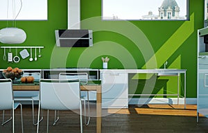 White modern kitchen in a house with green walls