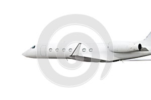 White modern luxury private jet flying isolated