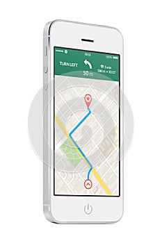 White modern mobile smart phone with map gps navigation app on t