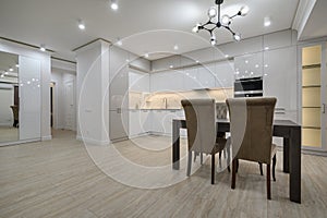 White modern new well designed white kitchen in studio flat interior