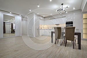 White modern new well designed white kitchen in studio flat interior