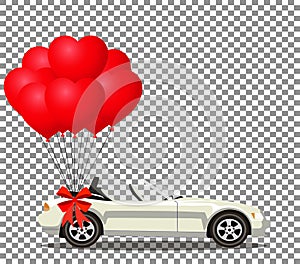 White modern opened cartoon cabriolet car with bunch of red ball