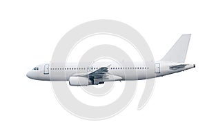 White modern passenger airplane flying isolated