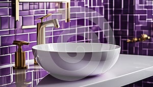 White modern sink with golden tap in the bathroom.