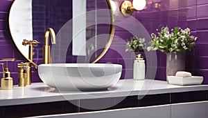 White modern sink with golden tap in the bathroom.