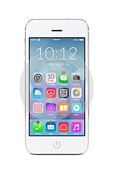 White modern smartphone with application icons on the screen