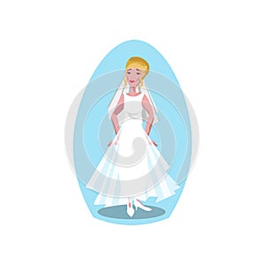 White modern style long wedding dress with veil and diadem on the young bride. Vector illustration in a flat cartoon