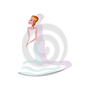 White modern style wedding dress with a long skirt on the young bride with shadow. Vector illustration in a flat cartoon