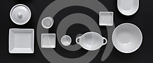 White, modern tableware in various designs on a black background