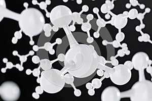 White molecule or atom on black. Abstract clean structure for science or medical background, 3d rendering illustration