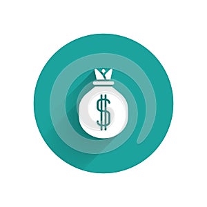 White Money bag icon isolated with long shadow. Dollar or USD symbol. Cash Banking currency sign. Green circle button