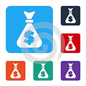 White Money bag icon isolated on white background. Dollar or USD symbol. Cash Banking currency sign. Set icons in color