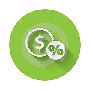 White Money coin with percent icon isolated with long shadow. Cash Banking currency sign. Green circle button. Vector