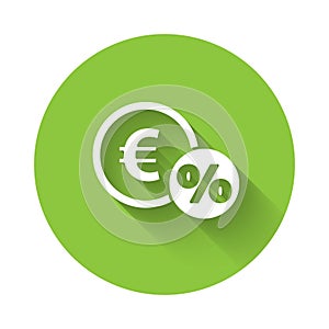 White Money coin with percent icon isolated with long shadow. Cash Banking currency sign. Green circle button. Vector