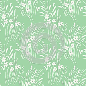 White monochrome abstract ditsy gestural floral vector seamless pattern. Spring blooms, foliage. photo