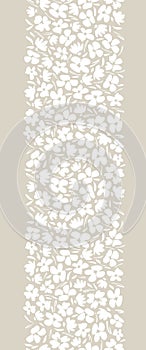 White Monochrome graphic ditsy gestural blooms and foliage on beige background vector seamless vertical border. Florals.