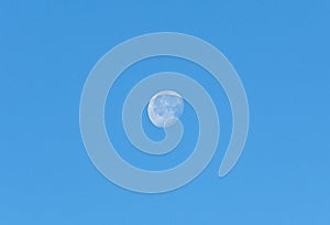 White moon in day time, blue clear sky, close up