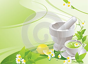 White mortar with pestle and cup with green tea