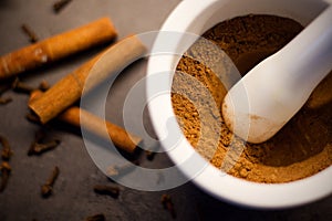 White mortar and pestle with homemade prepared pumpkin spice