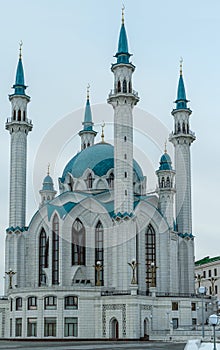 White mosque with blue domes during the day, blue sky. Vertical view. Kazan Kremlin, the main cathedral juma mosque