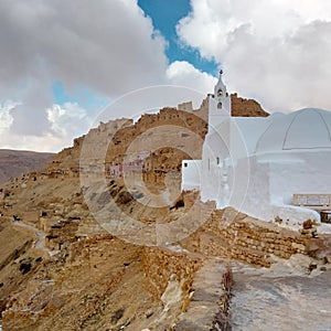 The white mosque in Chenini, a Berber village in the Tataouine district of Tunisia