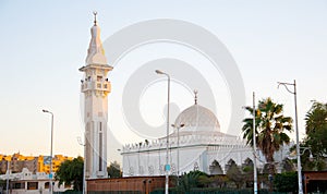 White Mosque in the green palm trees in Hurghada