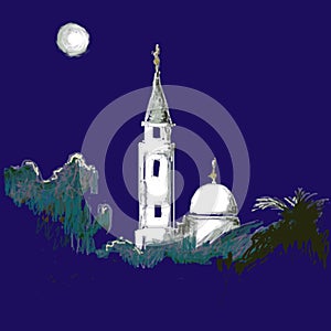 A white mosque lit by moonlight, on a dark blue background