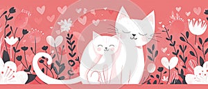 White mother cat and her her lovely kitten. Flat illustration web banner for Mother\'s Day on May 12