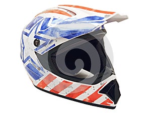 White motocross helmet with red and blue decals front view