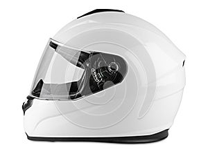 White motorcycle carbon integral crash helmet isolated white background. motorsport car kart racing transportation safety concept photo