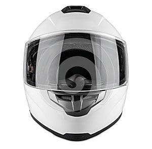 White motorcycle carbon integral crash helmet isolated white background. motorsport car kart racing transportation safety concept photo