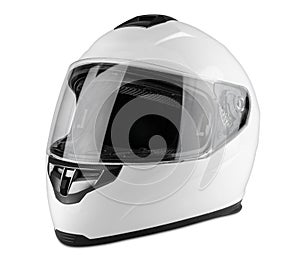 White motorcycle carbon integral crash helmet isolated white background. motorsport car kart racing transportation safety concept