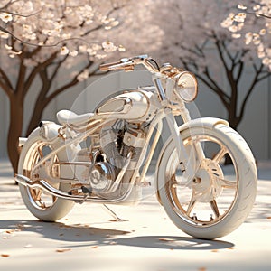 White Motorcycle With Cherry Blossoms: Zbrush-inspired Rendering With Golden Age Aesthetics