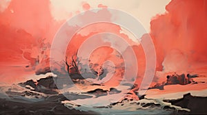 Abstract Landscape: A Beautiful Fusion Of Pink And Orange Paint With Flowing Silhouettes