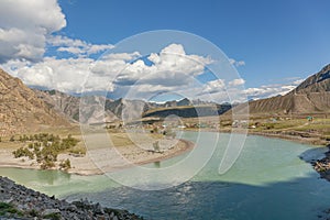 White mountain river in Altai. Summer View of Altai, Russia. Altai Republic is one of Russia`s ethnic republics. Altay