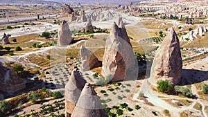 White Mountains in Cappadocia Turkey, Birds eye view 4k aerial drone. Red and Pink Rocks, Dramatic geological wonder
