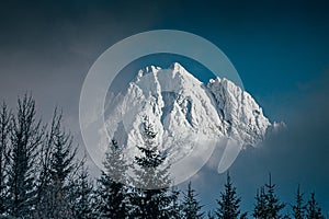 Biele hory, zimné zasnežené foto, Veľké majestátne skalnaté kopce, Vysoké Tatry, Slovensko