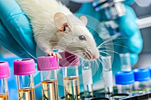 White mouse in bio lab on table with blurred background, perfect for scientific research concepts