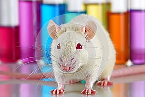 White mouse in bio lab on table, with blurred background for text in research context
