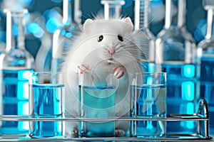 White mouse in bio lab on table with copy space, blurred background for text placement