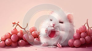 A white mouse drinking a glass of wine from grapes, AI