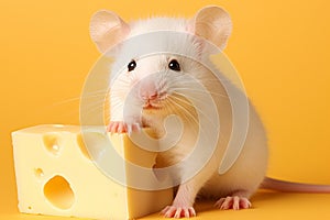White mouse holding cheese on yellow background - ideal for animal lovers and cheese enthusiasts