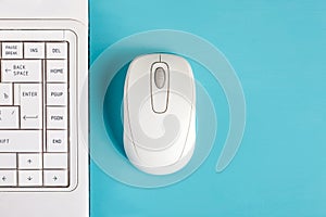 White mouse and laptop keyboard on table.