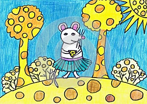 A white mouse with a piece of cheese in its legs. Cheese country. Children `s drawing