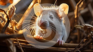 White Mouse On Brown Branches A Sunlit Portrait With Soft Lighting photo