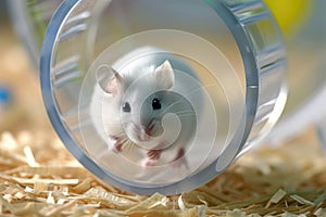 White mouse is running in running wheel for hamsters