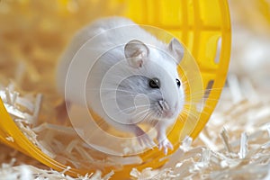 White mouse is running in running wheel for hamsters