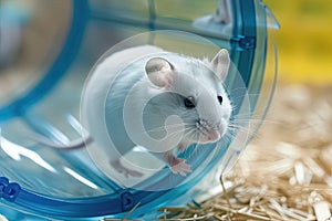 White mouse is running in running wheel for hamsters