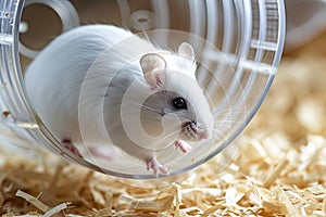 White mouse is running in running wheel for hamsters