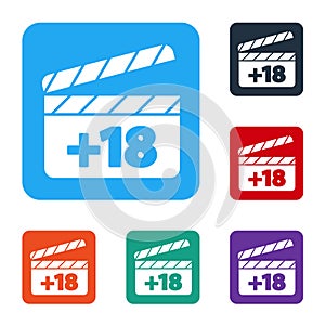 White Movie clapper with 18 plus content icon isolated on white background. Age restriction symbol. Adult channel. Set